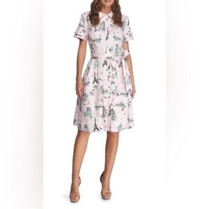 Karl Lagerfeld Paris Pink Eiffel Tower Print Midi Shirt Dress. Size 2.